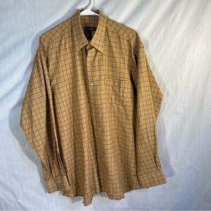 Holt Renfrew Shirt Brown Tan Blue Plaid Woven Cotton Button Up Long Sleeve L